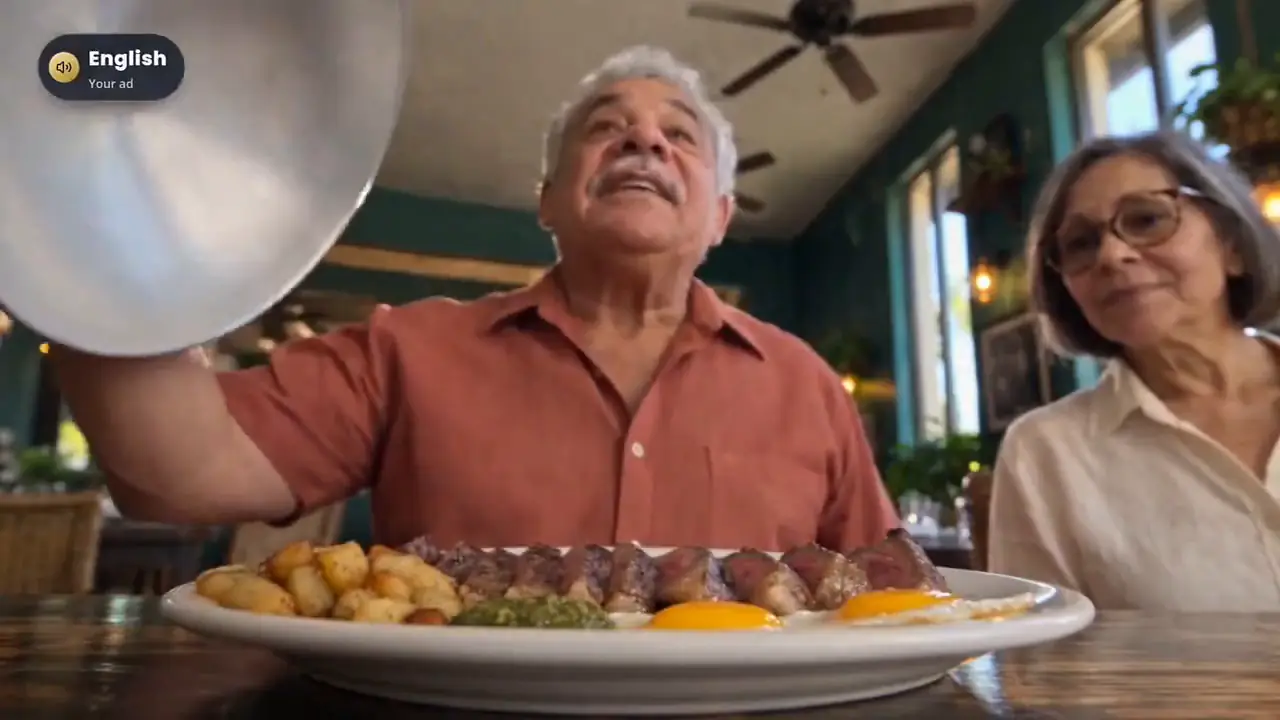 A restaurant owner lifting a cloche in an ad made with Impact Factory.