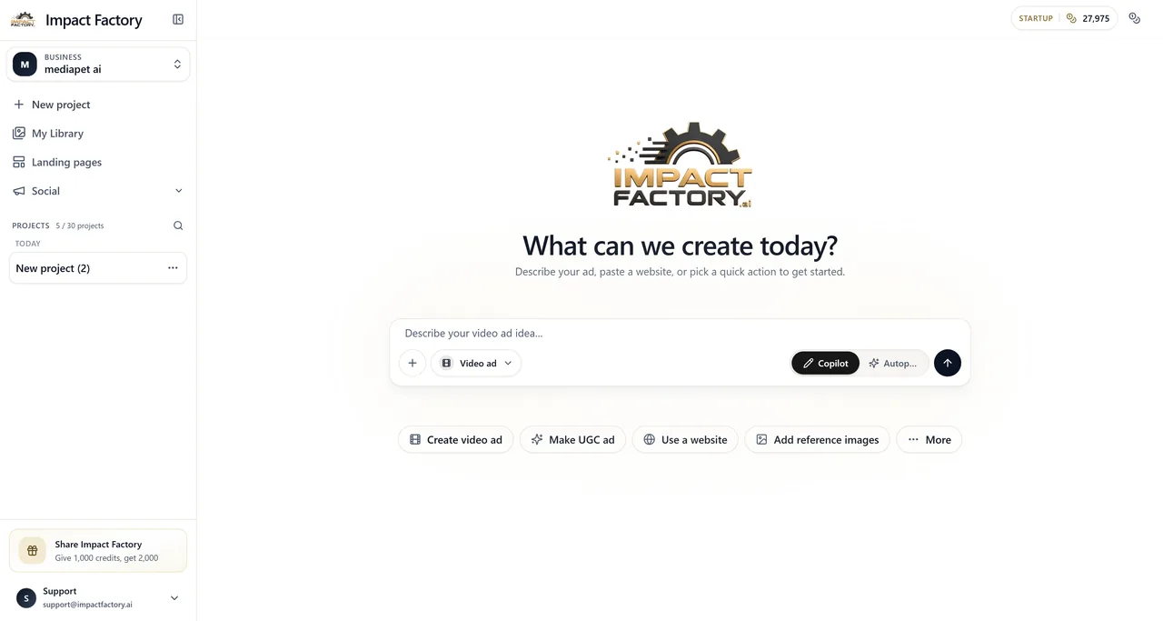 Impact Factory studio — describe an ad and the AI starts creating.